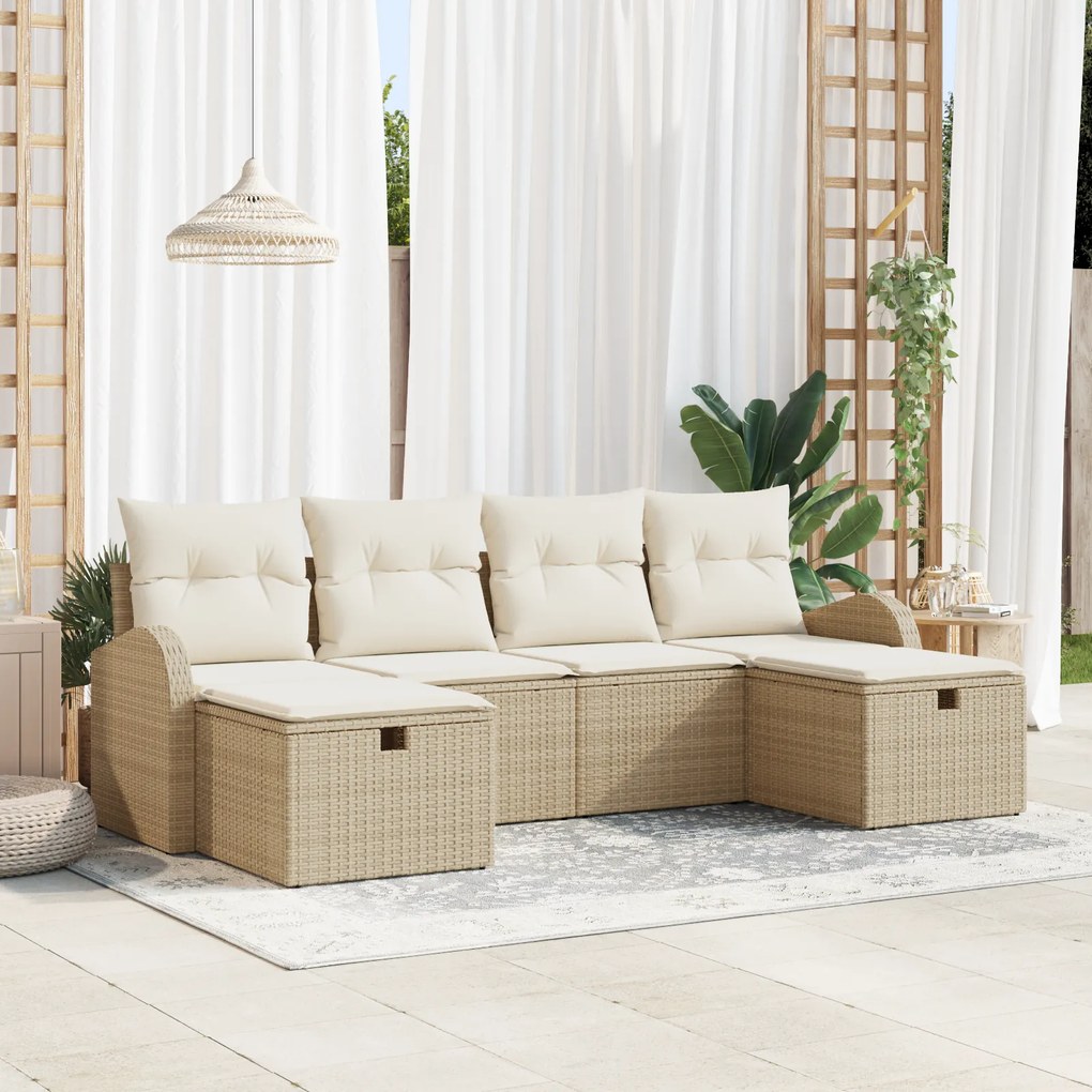 Conjunto de Sofá de Jardim de 6 Peças com Almofadas Bege Rattan