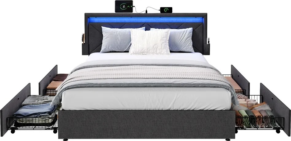 Estrutura de cama, 180 x 200 cm (COLCHÃO NÃO INCLUIDO), com iluminação Led Cinza