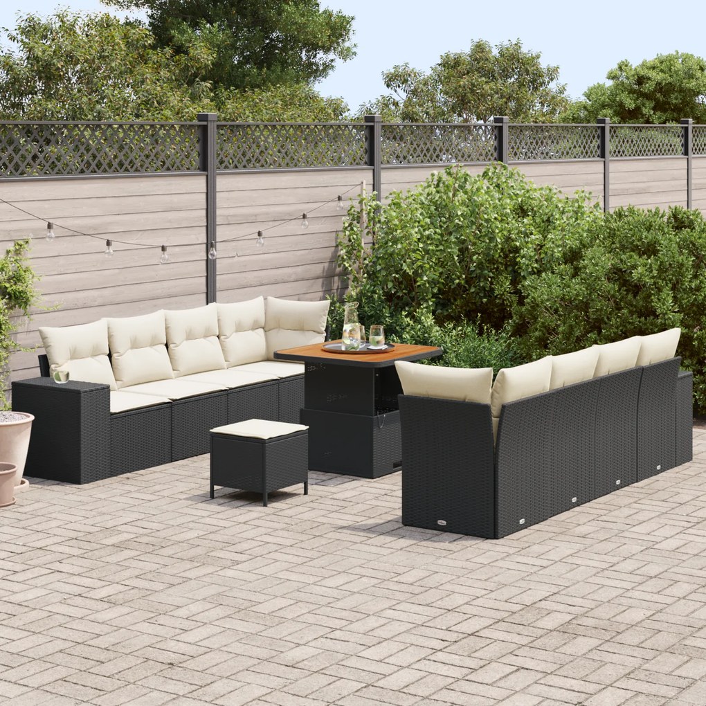 Conjunto de sofá de jardim com 11 peças com almofadas preto vime PE ac