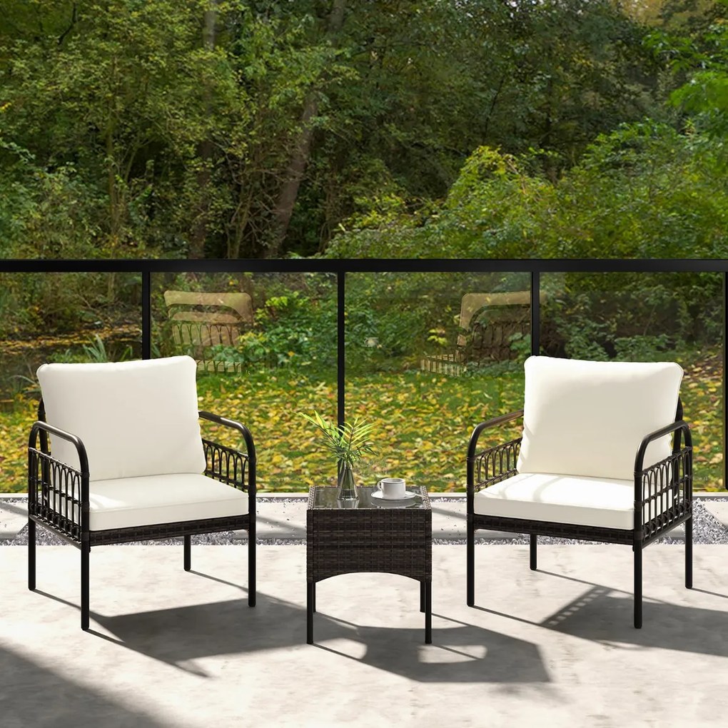 Conjunto de móveis jardim de vime de rattan de 3 peças com cadeiras almofadadas Mesa de centro de vidro temperado para varanda, pátio e pátio preto e