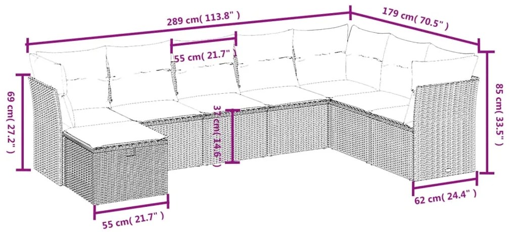 8 pcs conj. sofás jardim c/ almofadões vime PE cinzento-claro