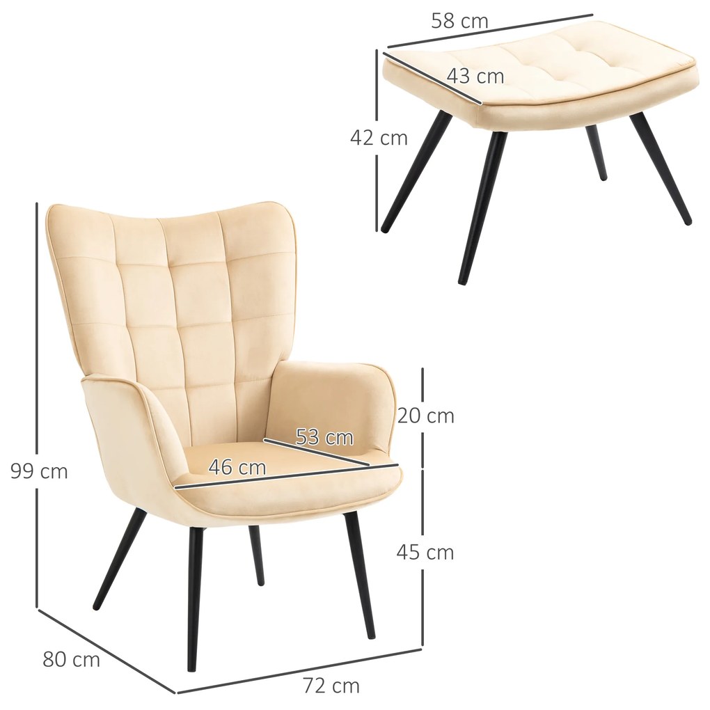 HOMCOM Poltrona Individual com Otomana Estofada em Veludo Poltrona de Sala de Estar com Encosto Alto Apoio para os Braços para Dormitório Escritório Carga Máxima 150kg 72x80x99cm Bege