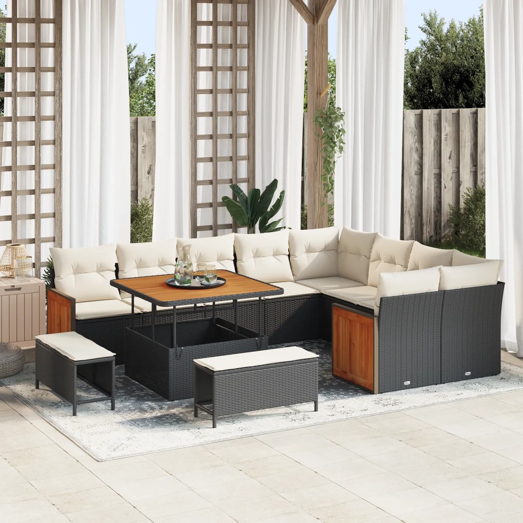 Conjunto de Sofá de Jardim de 12 Peças com Almofadas Preto Rattan Poliéster Acácia