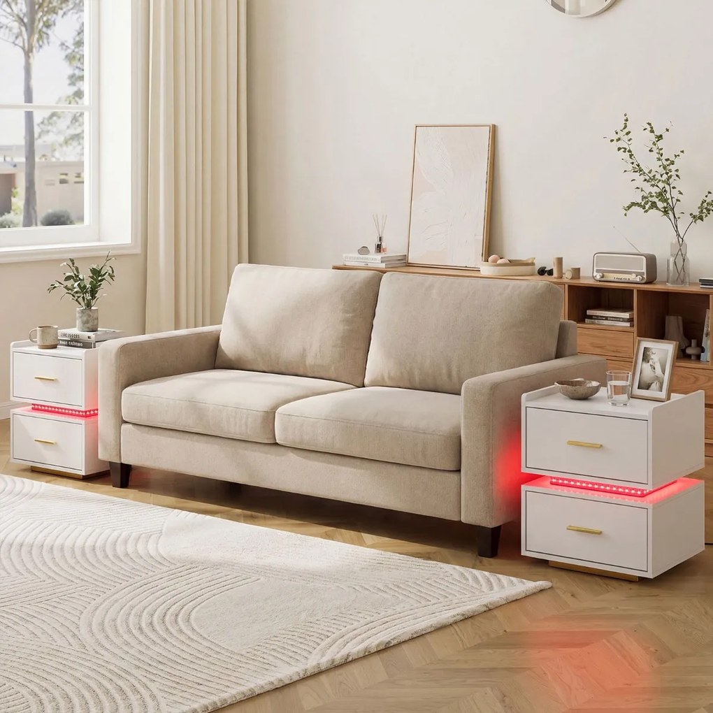 Conjunto de 2 mesas de cabeceira com estação de carregamento LED 45 x 40 x 48 cm, 2 gavetas, arrumação semi-suspensa e base metálica para sala ou quar