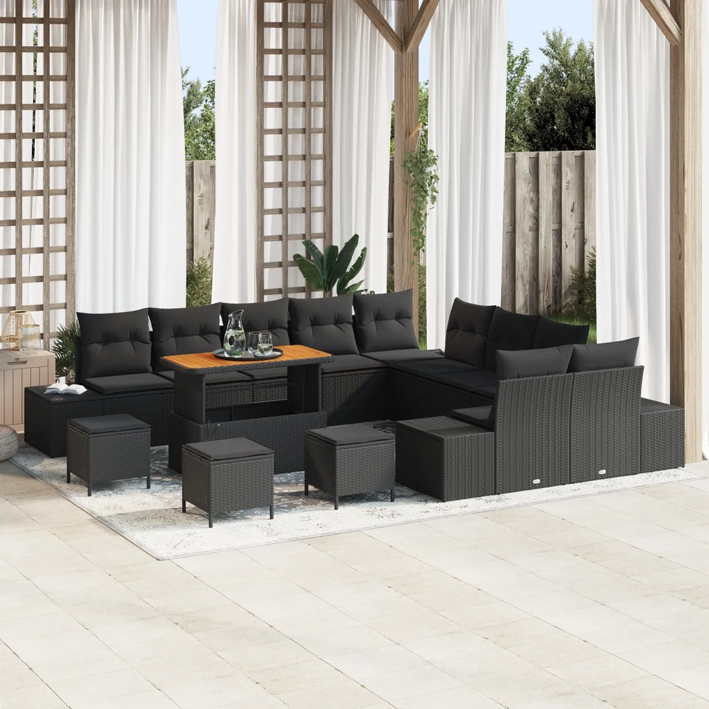 Conjunto de Sofá de Jardim vidaXL de 14 Peças com Almofadas Preto Polirattan Acácia