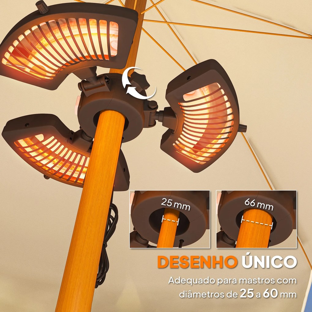 Aquecedor por Infravermelhos para Chapéu de Sol 2400W Aquecedor Exterior Elétrico de Alumínio com 3 Níveis de Aquecimento Ø55x8 cm Preto