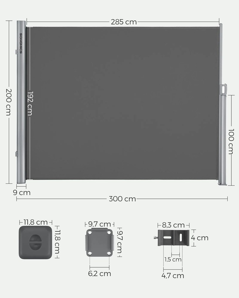 Toldo lateral 200 x 300 cm Liga de alumínio, poliéster (280 g/m²), revestimento em PU antracite