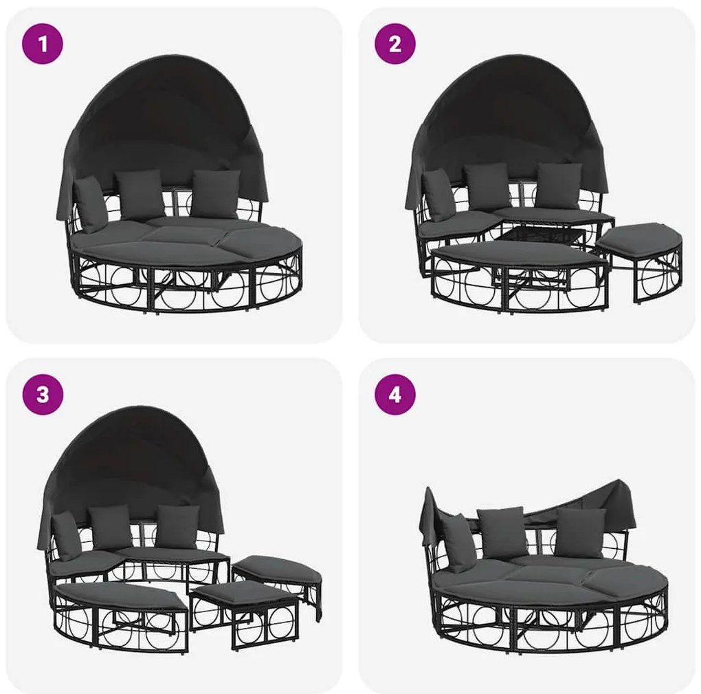 Cama lounge de exterior c/ toldo e almofadões vime PE preto