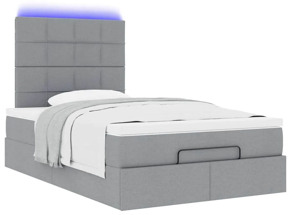Estrutura de cama otomana com colchão cinza claro tecido