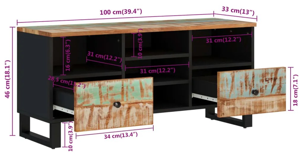 Móvel de TV 100x33x46 cm madeira recuperada maciça e derivados