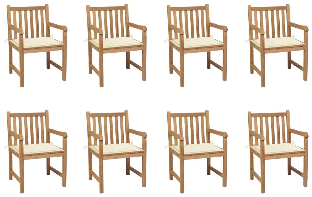 vidaXL Cadeiras de jardim c/ almofadões cor creme 8 pcs teca maciça