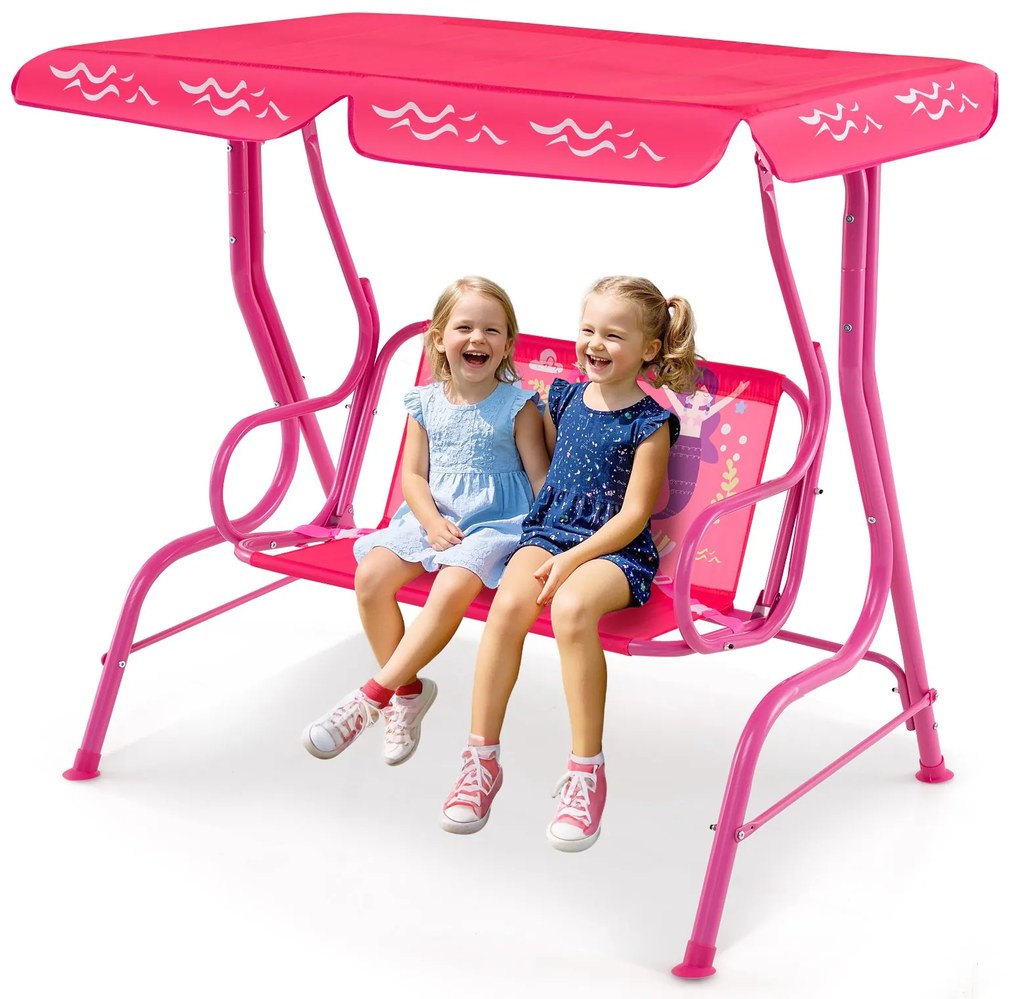 Baloiço infantil Hollywood para 2 crianças com toldo ajustável e estrutura metálica Rosa