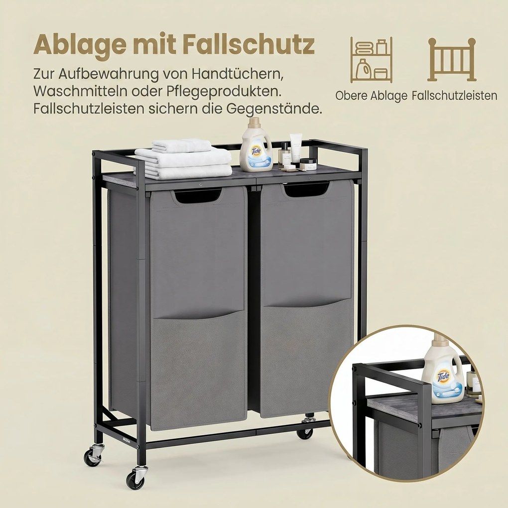 Cesto da roupa suja com 2 compartimentos 63 x 32 x 93 cm, carrinho com prateleira e bolsos preto-cinzento