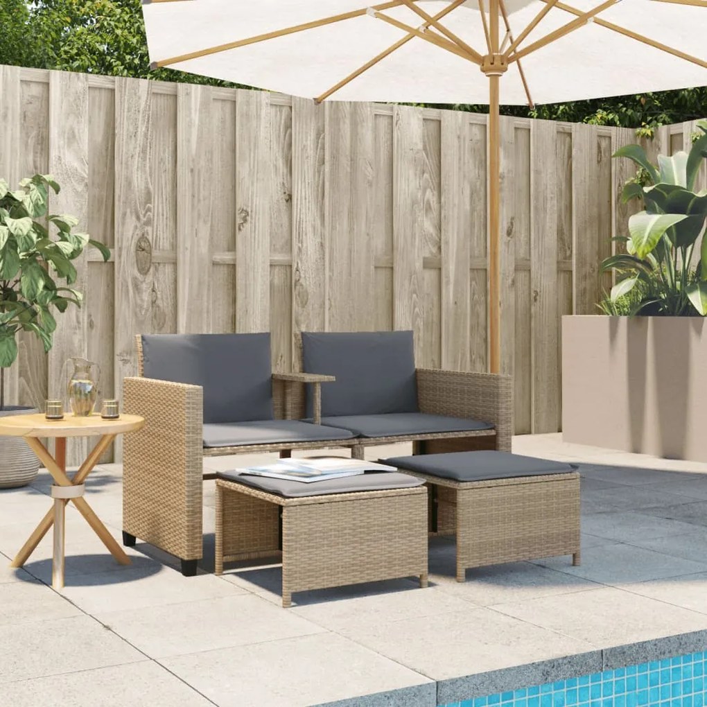 Sofá de jardim de 2 lugares com mesa e bancos vime PE bege