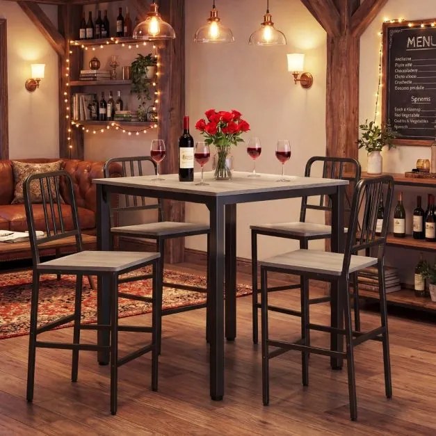 Conjunto de mesa de jantar alta e 4 bancos para 4 pessoas com estrutura metálica, mesa quadrada de estilo rústico Natural e Preto