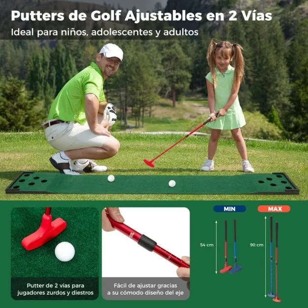 Jogo de Golf Tapete de 332 cm para Interior e Exterior com 2 Tacos Ajustáveis 6 Bolas Verde