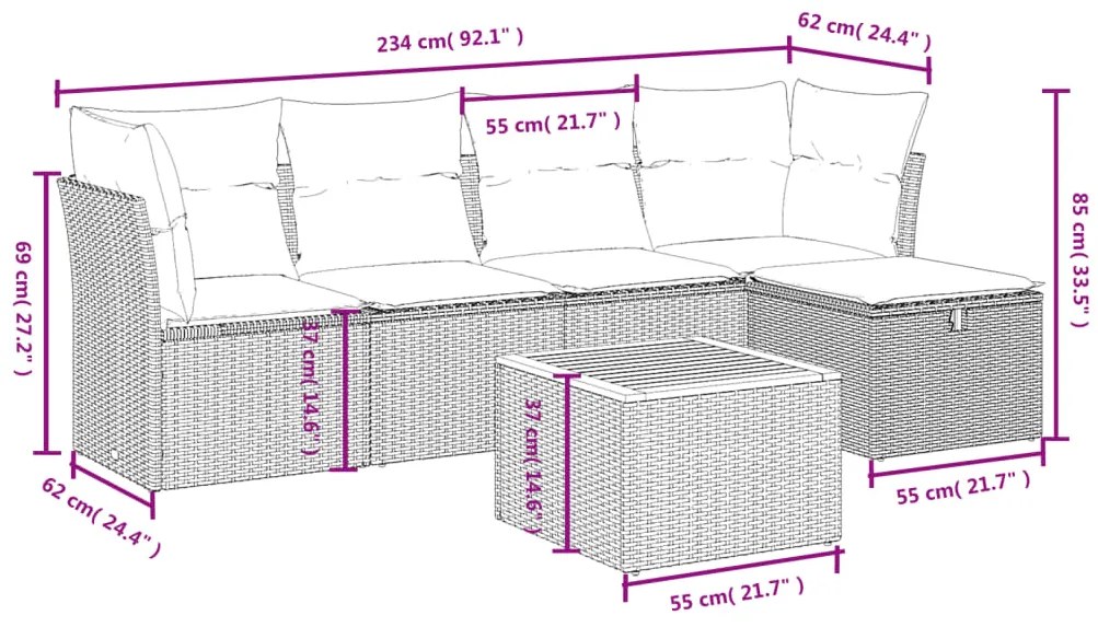 6 pcs conjunto sofás de jardim c/ almofadões vime PE preto