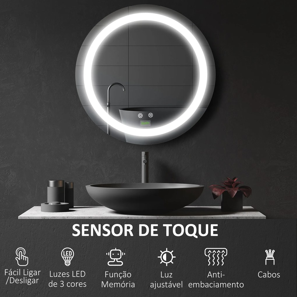 Espelho Casa de Banho com Luz LED Ø50x4,6cm Espelho Redondo de Parede com Interruptor Tátil 3 Luzes Ajustáveis Função de Memória e Anti-Embaciamento E