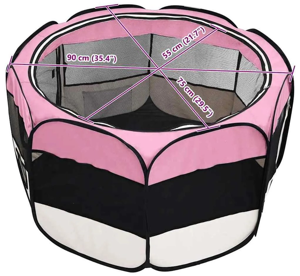Parque dobrável p/ cão c/ saco de transporte 90x90x58 cm rosa