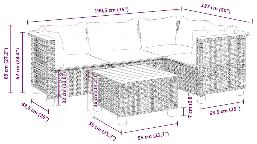 5 pcs conjunto de sofás p/ jardim com almofadões vime PE bege