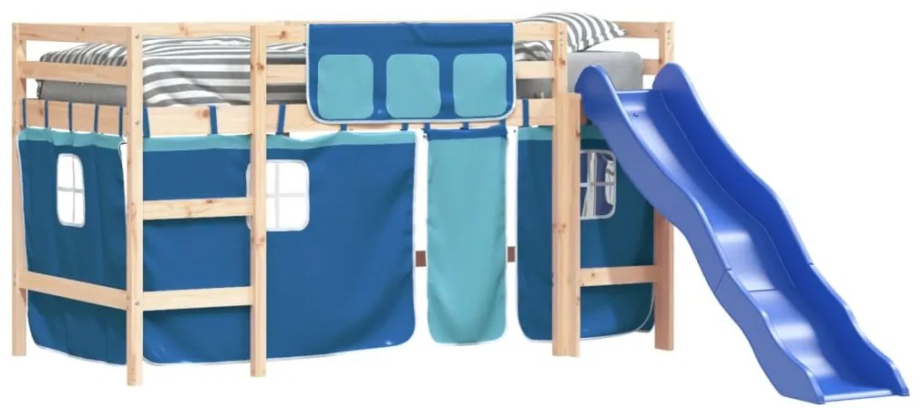 Cama alta p/ criança c/ cortinas 80x200 cm pinho maciço azul
