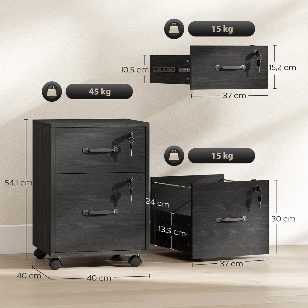 Bloco com 2 Gavetas escritorio, 40 x 40 x 54,1 cm, Com Rodas, Preto