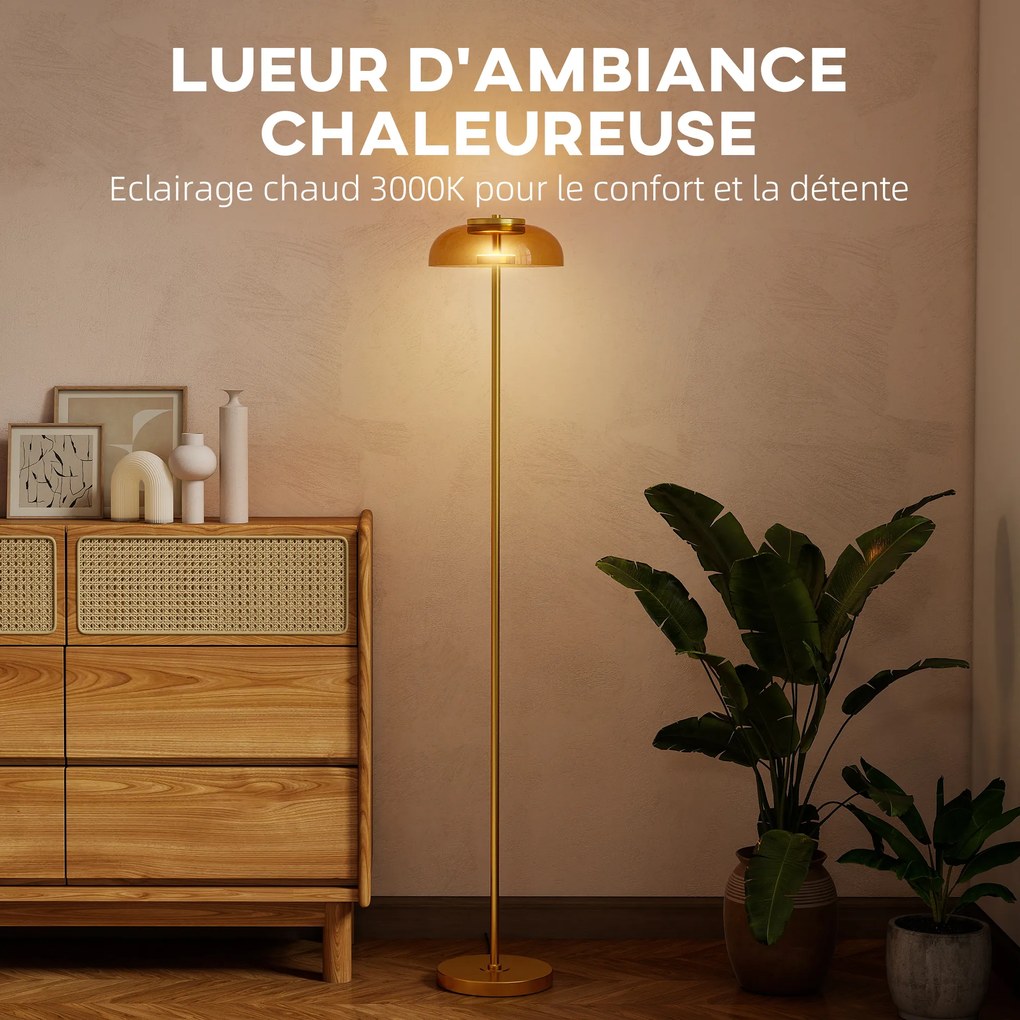 Candeeiro de pé para sala de estar Ø25x134 cm, candeeiro LED para sala de estar com luz quente de 3000 K e interruptor de pé, tom de latão