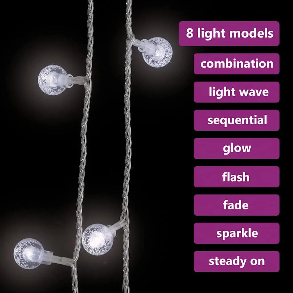 Cordão de luzes em globo 20 m 200 LED 8 funções branco frio