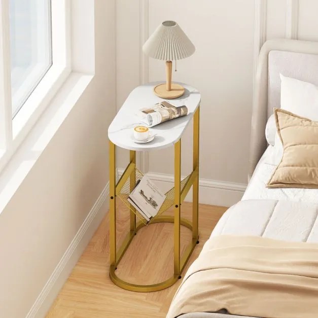 Mesa apoio, mesa de cabeçeira Estreita 60 x 28,5 x 64 cm com Tampo de Imitação Mármore e Suporte para Revistas Estrutura Metálica Dourada e Branco