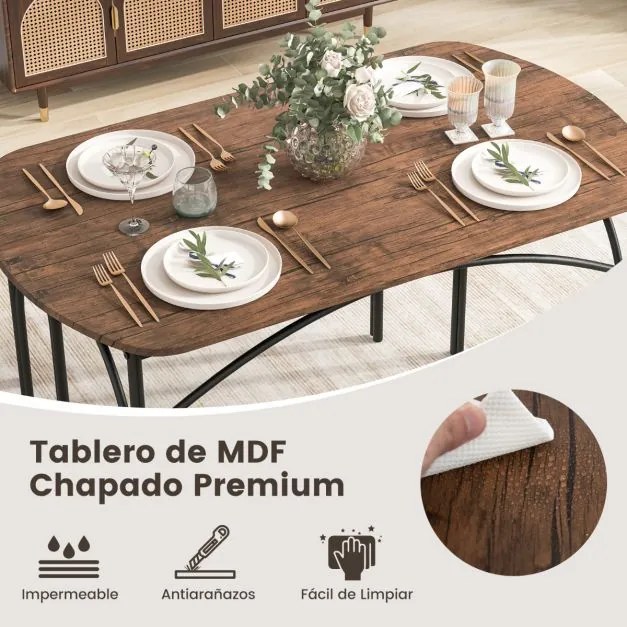Conjunto de mesa de jantar de 3 peças para 4 pessoas Mesa retangular de madeira e 2 bancos com estrutura metálica  castanho