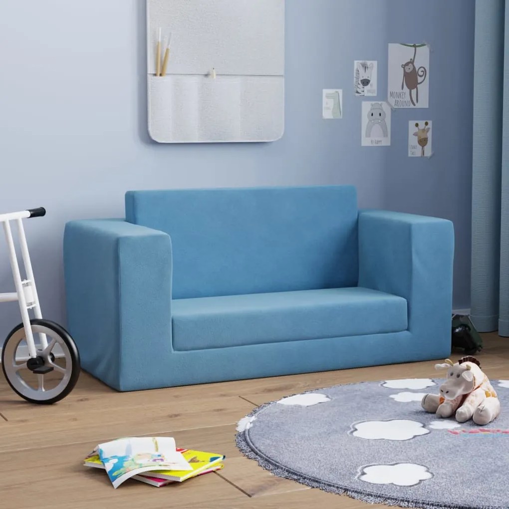 341855 vidaXL Sofá-cama infantil de 2 lugares pelúcia azul