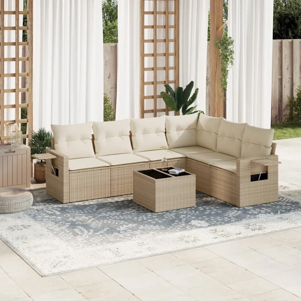 vidaXL 7 pcs conjunto de sofás p/ jardim com almofadões vime PE bege