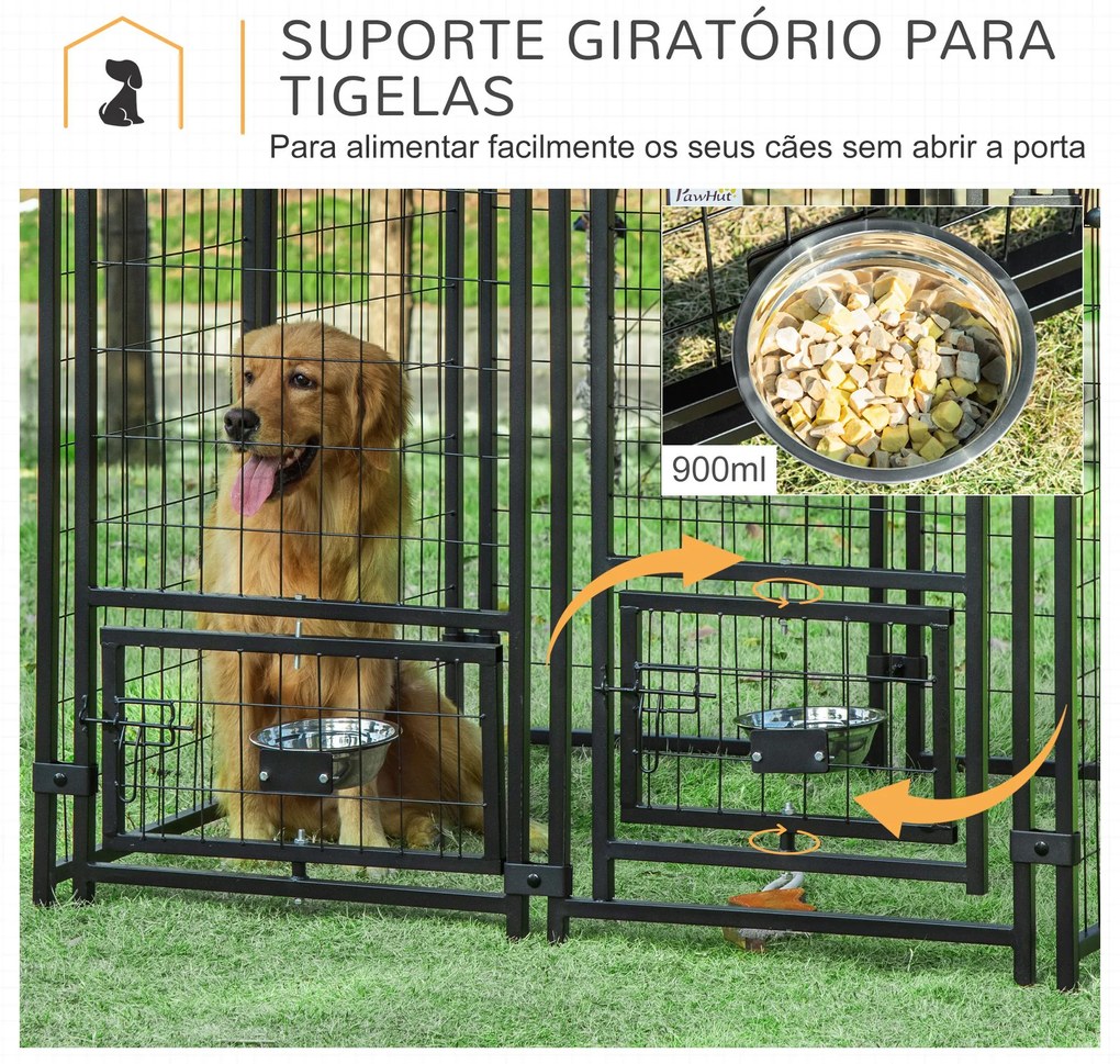 Canil para Cães com 8 Painéis 2 Suportes Giratórios para Comida 2 Tigelas e Toldo Impermeável 141x141x153 cm Preto e Vermelho