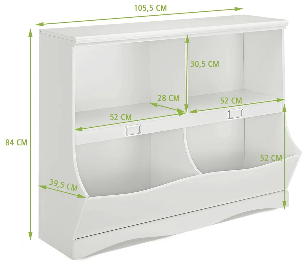 Estante armazenamento infantil com 2 compartimentos e 2 recipientes para organizador de brinquedos de quarto e sala 105,5 x 39,5 x 84 cm branco