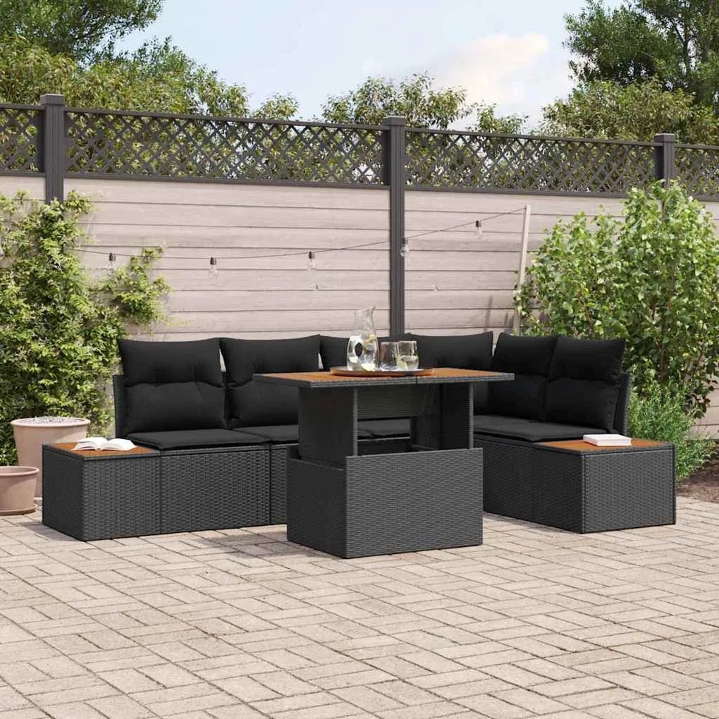 vidaXL Sofá de Jardim com 6 Peças e Almofadas Pretas de Rattan e Poliéster