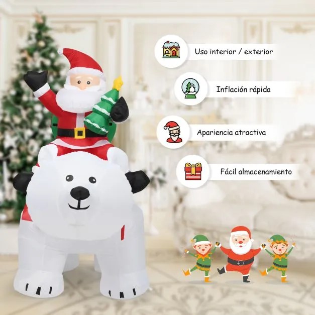 Pai Natal no urso polar com cabeça rotativa Decoração Natal insuflável com poliéster impermeável e luzes LED