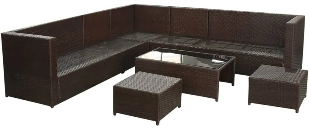 8 pcs conjunto lounge jardim c/ almofadões vime PE castanho