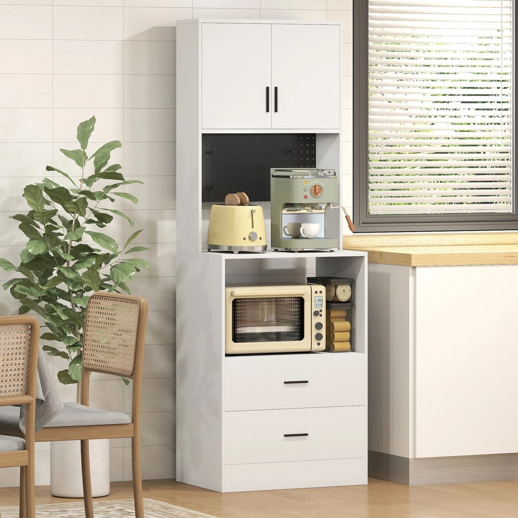 Móvel Auxiliar de Cozinha com Suporte para Micro-ondas 2 Gavetas 2 Portas e Painel Perfurado de Metal Branco