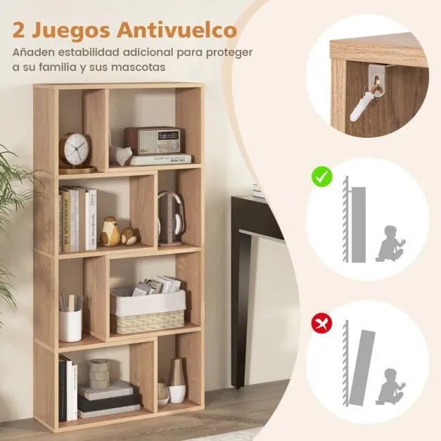 Estante geométrica de 4 níveis com 120 cm de altura com 8 cubos aberta para sala de estar e escritório Natural