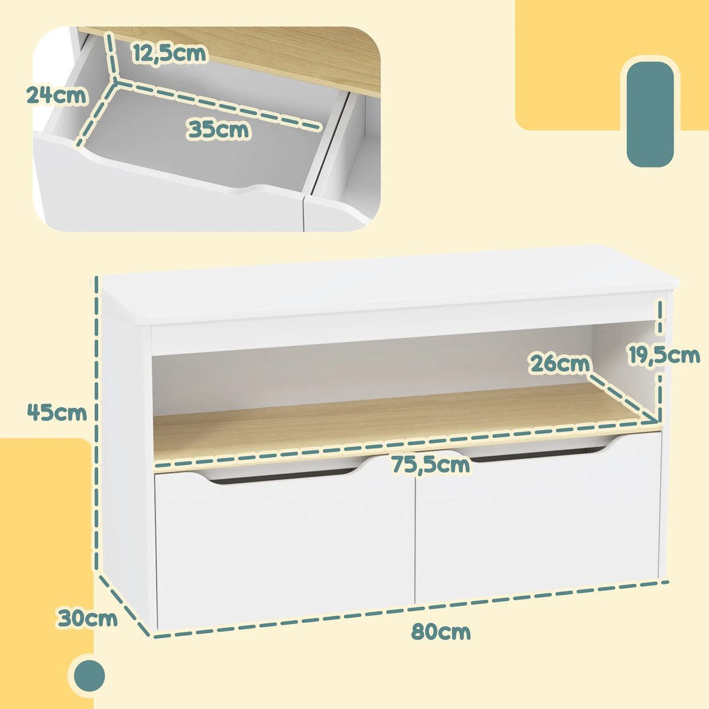 Organizador de Brinquedos Móvel de Arrumação Infantil com 2 Gavetas e Compartimento 80x30x45 cm Branco