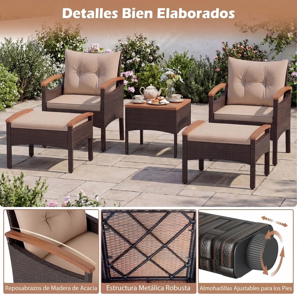 Conjunto jardim de 5 peças de vime para jardim, com 2 poltronas, 2 pufes, mesa auxiliar, almofadas e tampo em madeira de acácia Castanho misturado e a