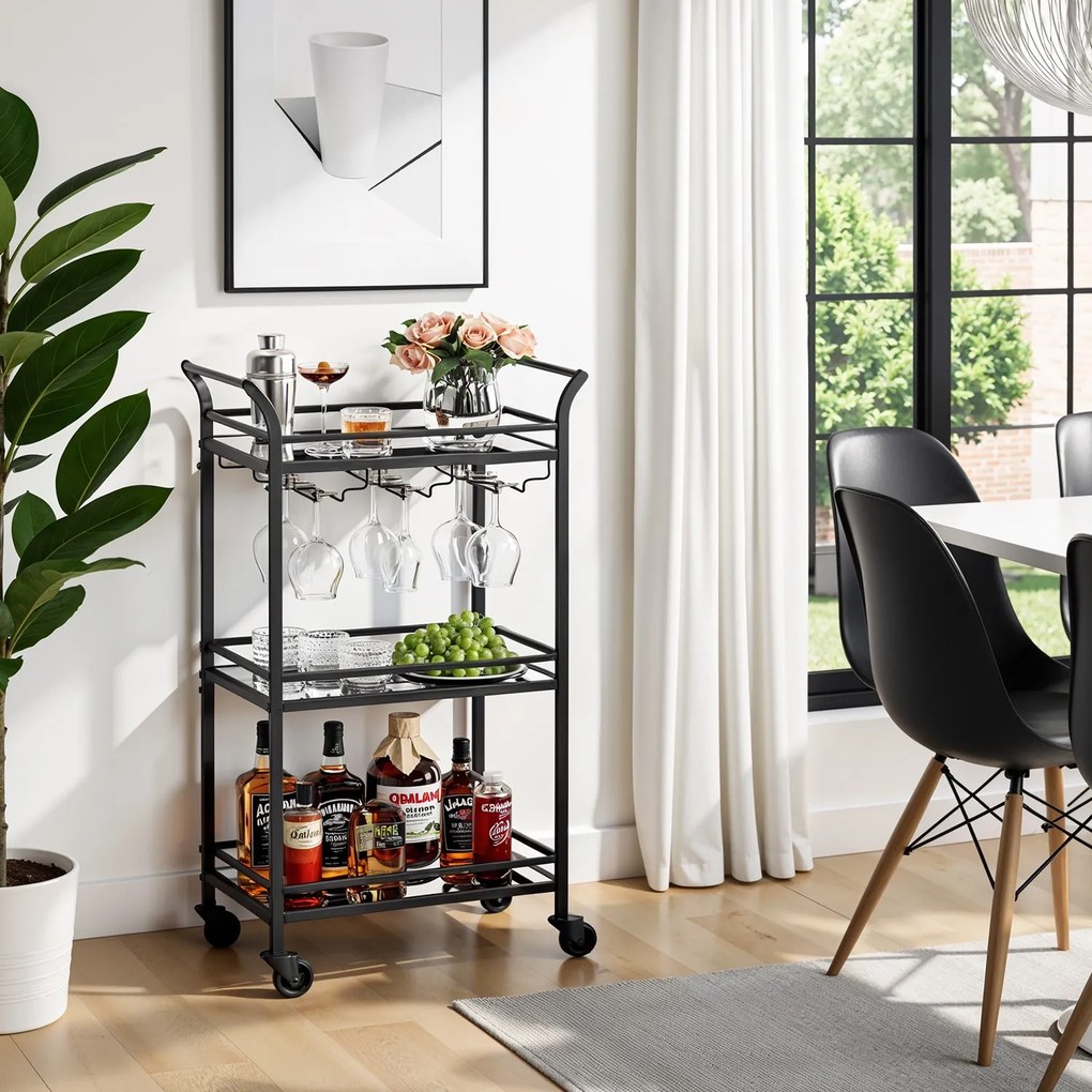 Carrinho de serviço bar com garrafeira com 3 níveis, com rodas 30 x 46,8 x 92 cm preto