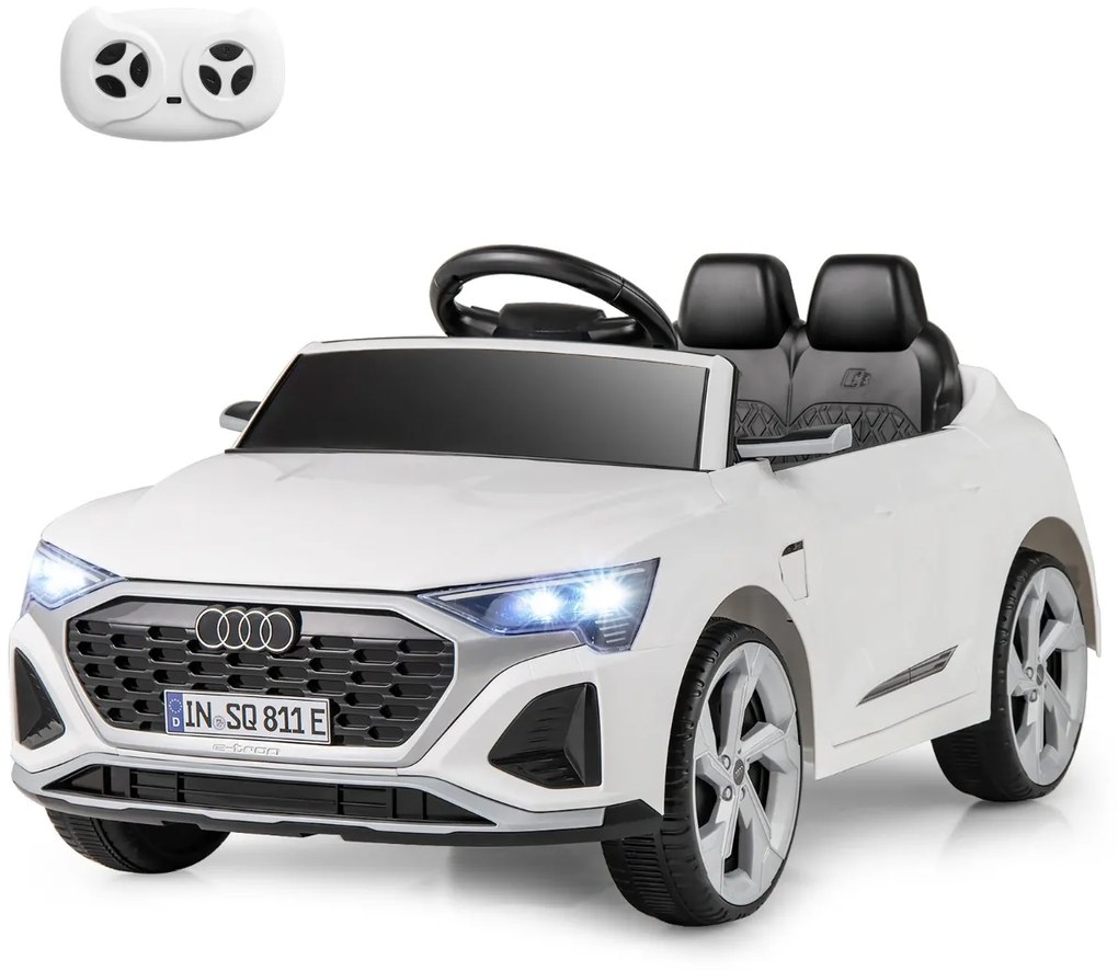 Carro elétrico para crianças de 12 V com controlo remoto de 2,4 G Luzes LED Arranque suave e suspensão com molas Branco