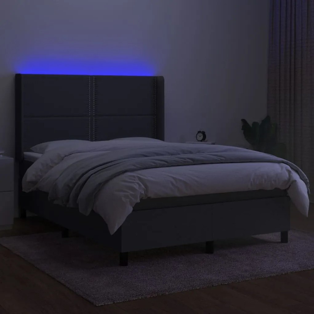 Cama box spring c/ colchão e LED 140x190 cm tecido cinza-escuro