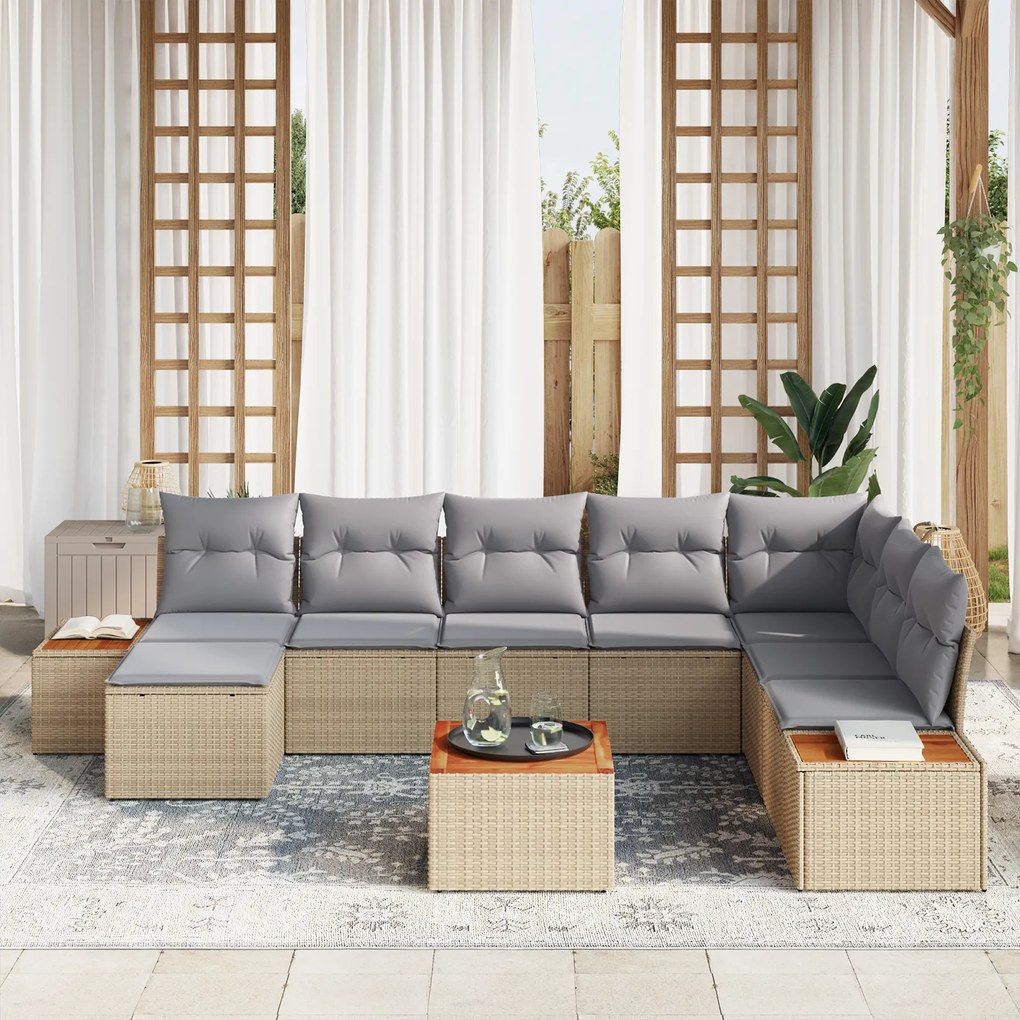 Conjunto de Sofá de Jardim com 9 Peças e Almofadas Bege Rattan Acácia