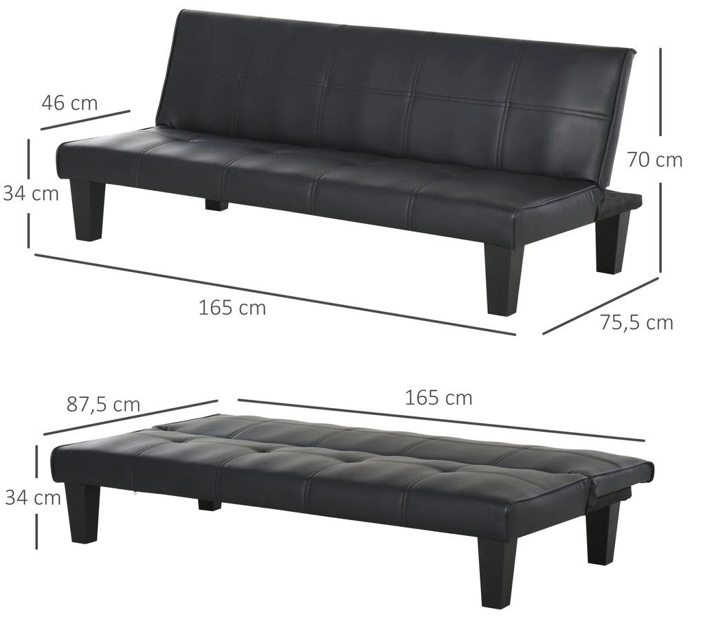 Sofá - cama 3 lugares com pernas levantadas Acolchoado 165x75,5x70cm Preto