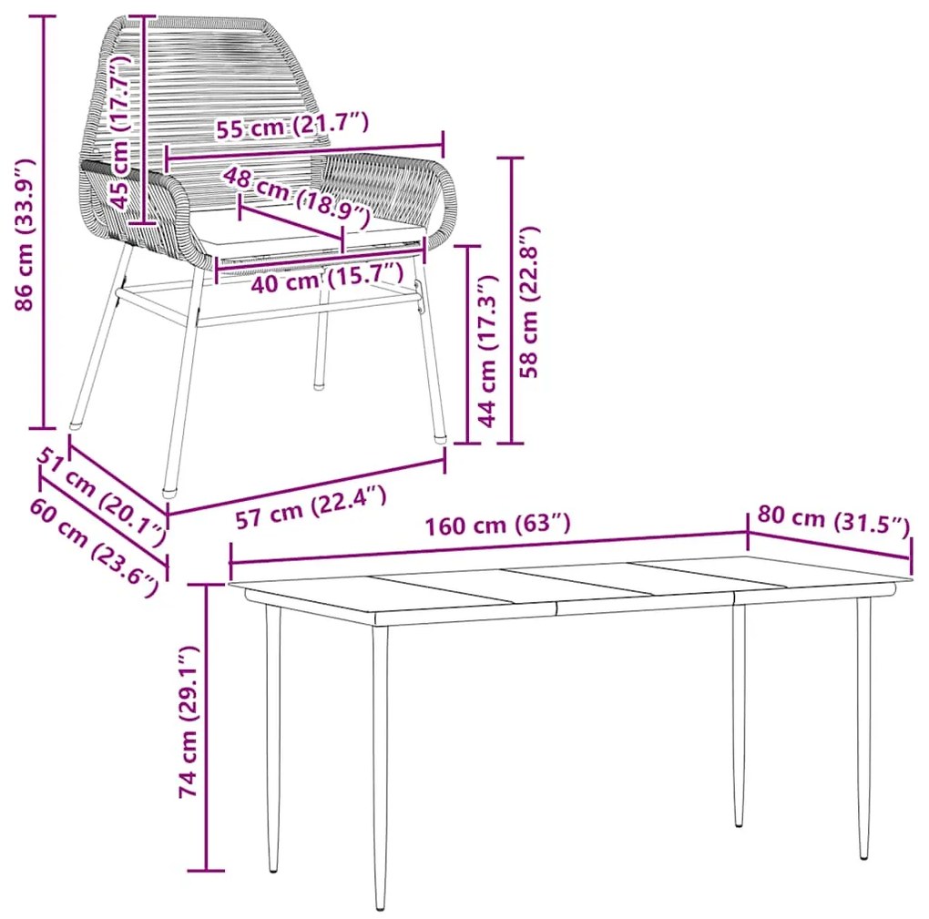 Conjunto de jantar jardim 7 peças almofadas vidro vime PE preto