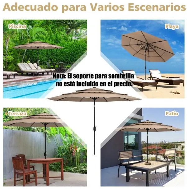 Guarda-sol jardim 3 m de 3 camadas de com ventilação dupla (BASE NÃO INCLUIDA), inclinação, botão de pressão, manivela manual e 8 varas Café