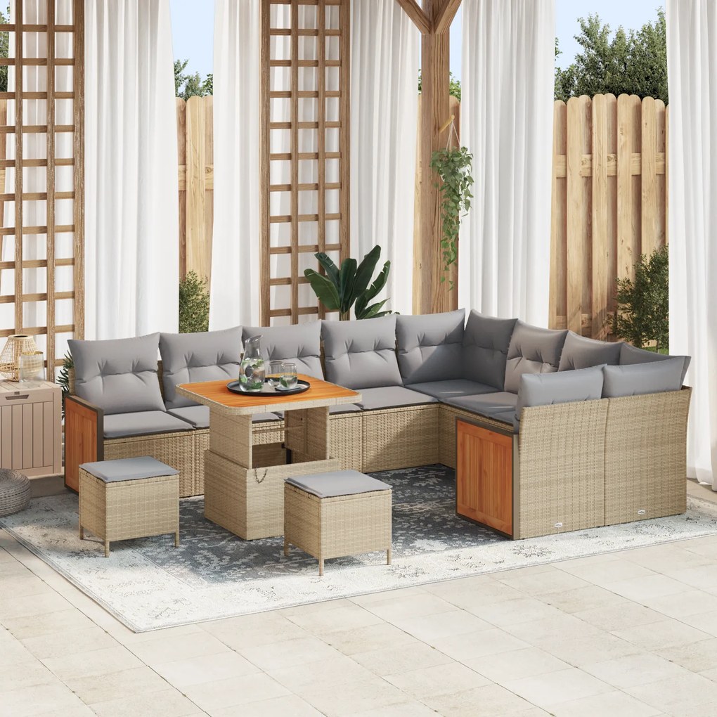 Conjunto de Sofás de Jardim vidaXL de 12 peças com Almofadas Bege Rattan Poliéster Acácia