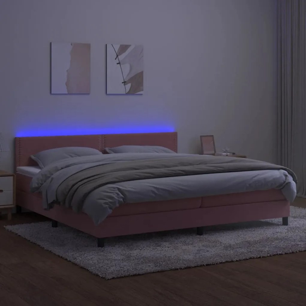 Cama box spring c/ colchão/LED 200x200 cm veludo rosa